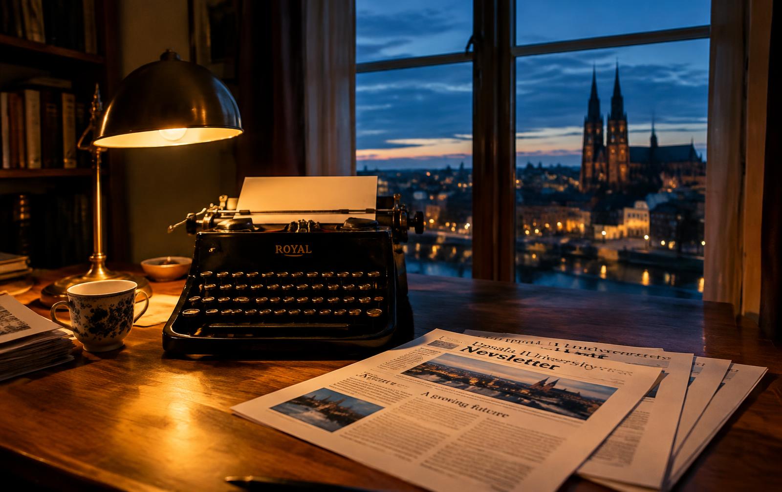 Typewriter and printed newsletter by a window overlooking Uppsala